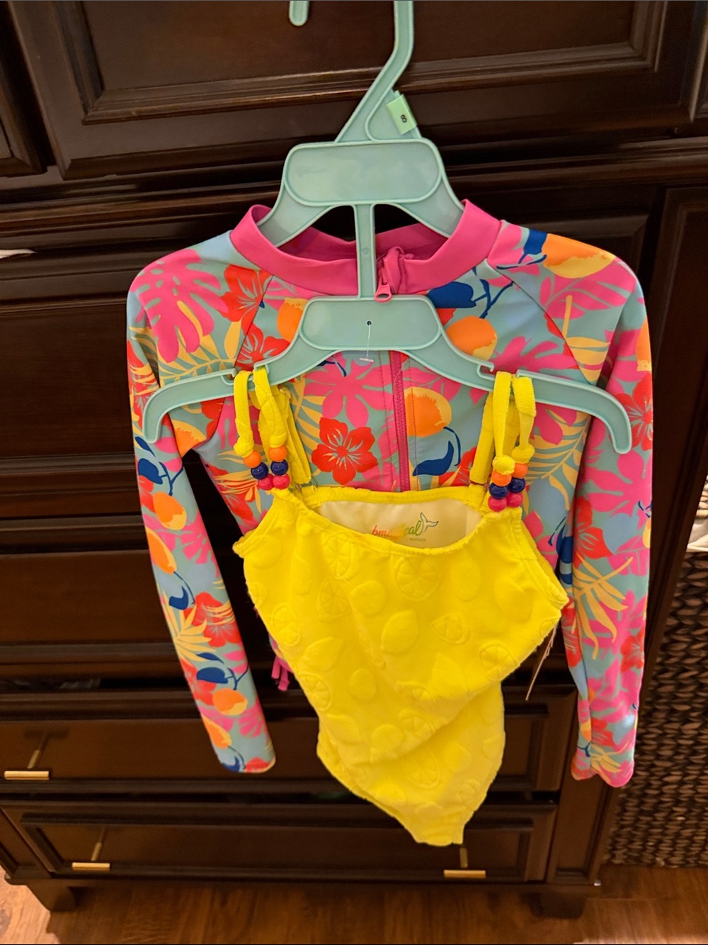 btween Pink Floral Long-Sleeve Rashguard with Yellow One-Piece Swimsuit